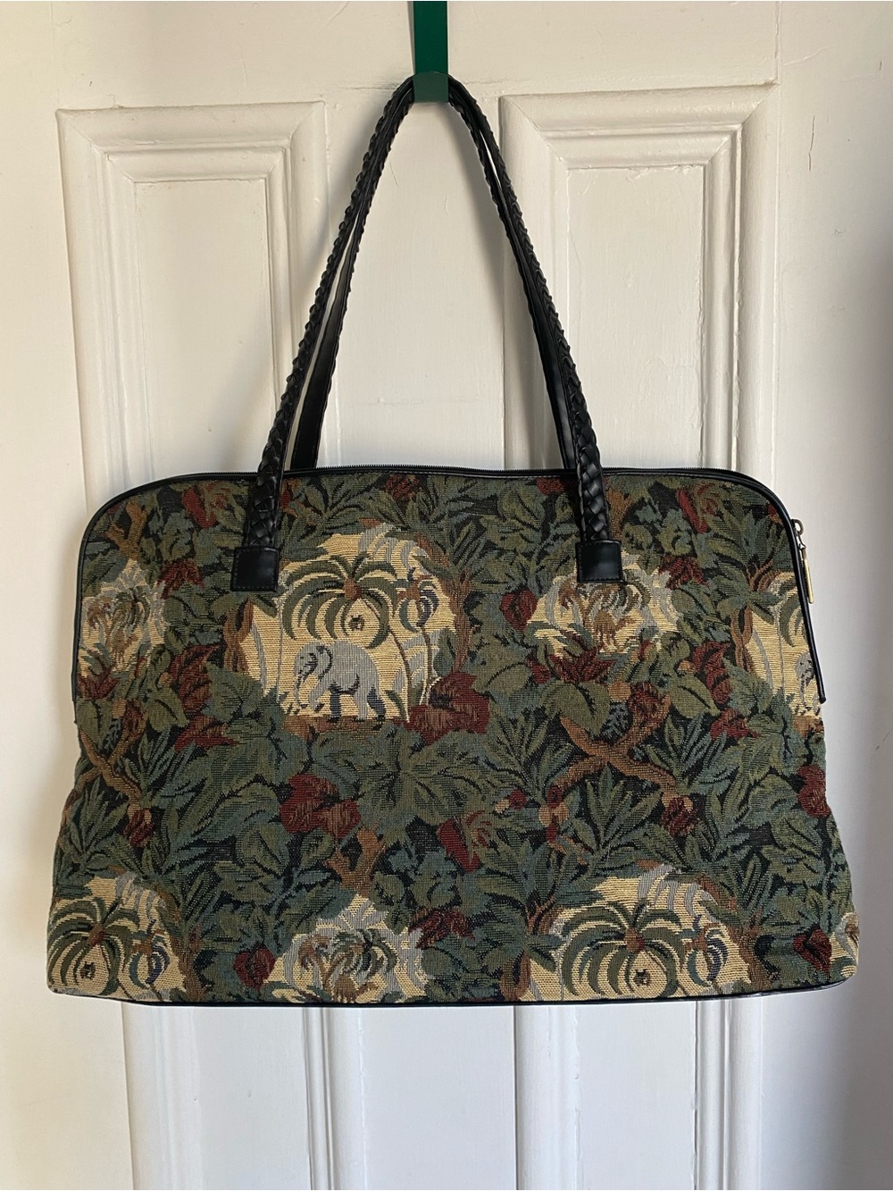 Vintage Tapestry Jungle Print Bag with Braided Black Handles